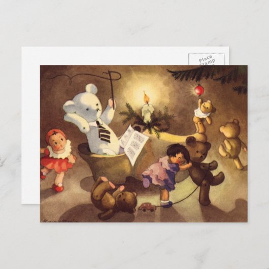 Vintage kerstspeelgoed, danspoppen, Teddy Bears Feestdagenkaart (Voorkant / Achterkant)