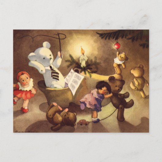 Vintage kerstspeelgoed, danspoppen, Teddy Bears Feestdagenkaart (Voorkant)