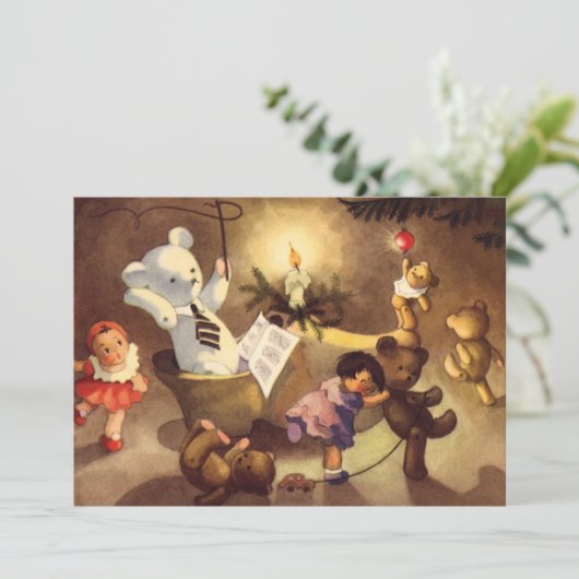 Vintage kerstspeelgoed, danspoppen, Teddy Bears Feestdagenkaart (Staand voorkant)