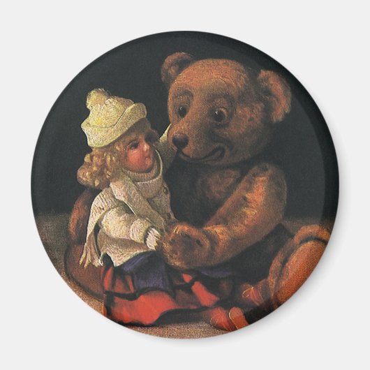 Vintage-kerstspeelgoed, Doll en Teddy Bear Magneet (Voorkant)