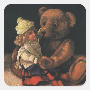 Vintage-kerstspeelgoed, Doll en Teddy Bear Vierkante Sticker