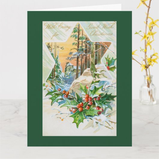 Vintage kerstster en Holly Holiday Kaart (Gele Bloem)