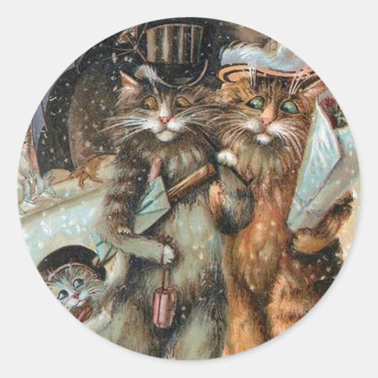 Vintage kerststicker, Louis Wain Cats Ronde Sticker (Voorkant)