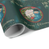 Vintage kerststooking Kind, Snowflakes Green Cadeaupapier (Rol Hoek)