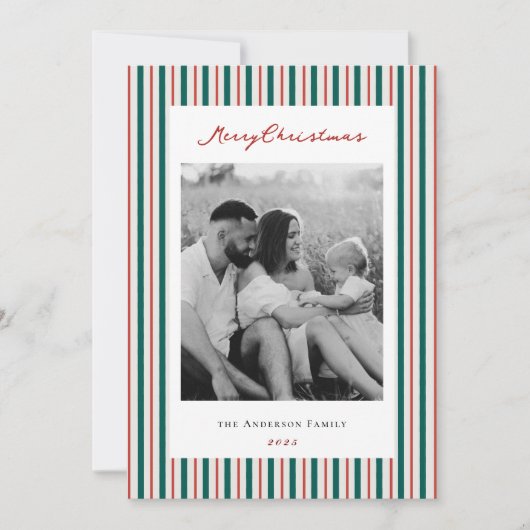 Vintage kerststrepen tweezijdige familiefoto feestdagenkaart (Voorkant)
