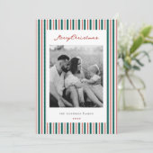 Vintage kerststrepen tweezijdige familiefoto feestdagenkaart (Staand voorkant)