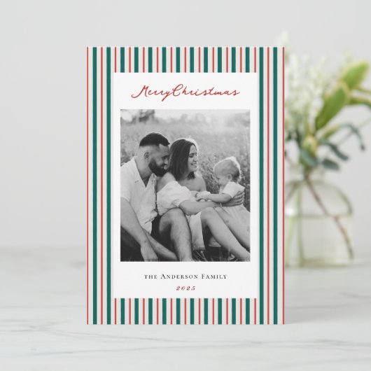 Vintage kerststrepen tweezijdige familiefoto feestdagenkaart (Staand voorkant)