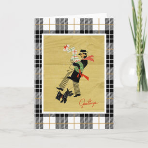 Vintage kerstterrier Dog en Man met geschenken Feestdagen Kaart