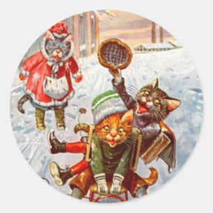 Vintage Kerstticker, Arthur Thiele Cats Ronde Sticker