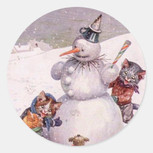 Vintage Kerstticker, Arthur Thiele Cats Ronde Sticker