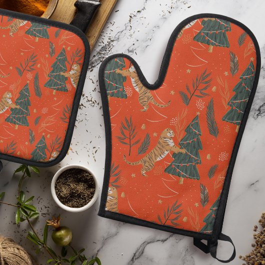 Vintage kersttijger en kerstboom ovenwant & pannenlap set