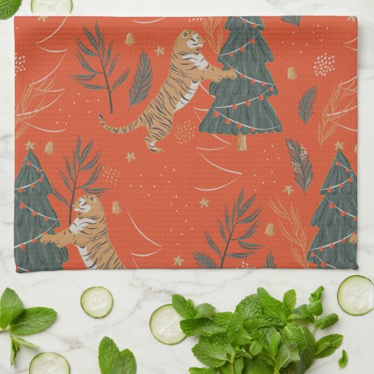 Vintage kersttijger en kerstboom theedoek (Gevouwen)