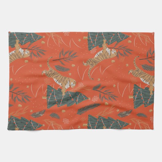 Vintage kersttijger en kerstboom theedoek (Horizontaal)