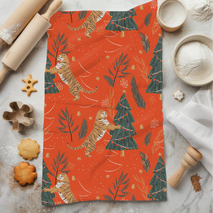 Vintage kersttijger en kerstboom theedoek