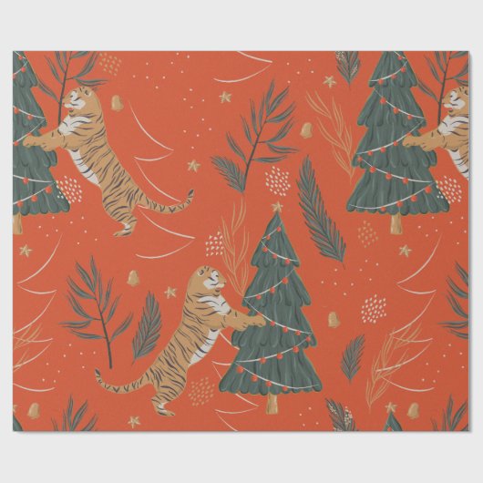 Vintage kersttijger met kerstboom cadeaupapier (Vlak)