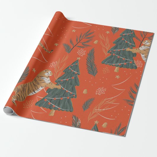 Vintage kersttijger met kerstboom cadeaupapier (Uitgerold)