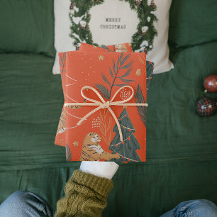 Vintage kersttijger met kerstboom inpakpapier vel