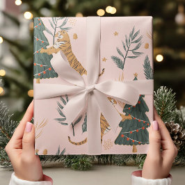 Vintage kersttijger met kerstboom roze cadeaupapier