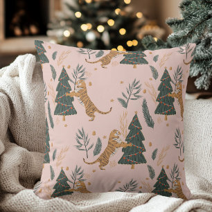 Vintage kersttijger met kerstboom roze kussen