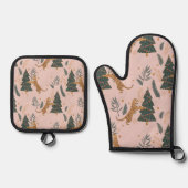 Vintage kersttijger met kerstboom roze ovenwant & pannenlap set (Voorkant)