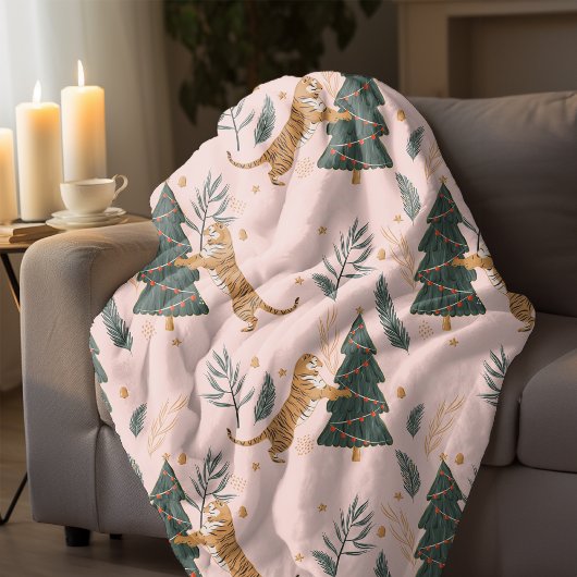 Vintage kersttijger met kerstboom roze sherpa deken