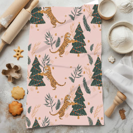 Vintage kersttijger met kerstboom roze theedoek
