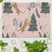 Vintage kersttijger met kerstboom roze theedoek (Gevouwen)