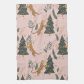 Vintage kersttijger met kerstboom roze theedoek (Verticaal)