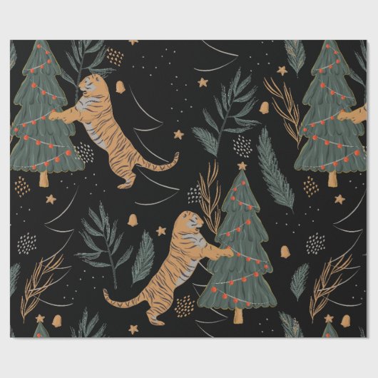 Vintage kersttijger met kerstboom zwart cadeaupapier (Vlak)