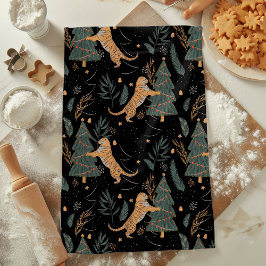 Vintage kersttijger met kerstboom zwart theedoek