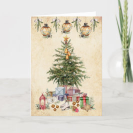 Vintage kersttradities - Boom en geschenken Feestdagen Kaart