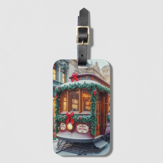 Vintage kersttram in de sneeuw bagagelabel (Voorkant (verticaal))