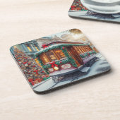 Vintage kersttram in de sneeuw bier onderzetter (Linkerzijde)