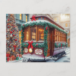 Vintage kersttram in de sneeuw briefkaart