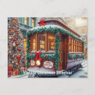 Vintage kersttram in de sneeuw briefkaart