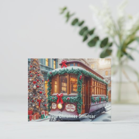 Vintage kersttram in de sneeuw briefkaart (Staand voorkant)