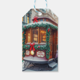 Vintage kersttram in de sneeuw cadeaulabel