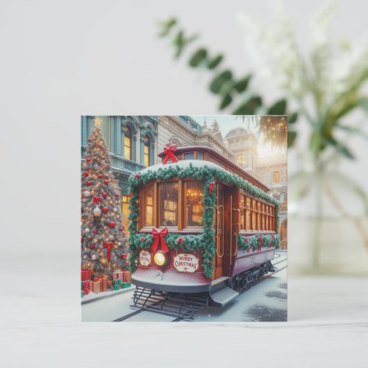 Vintage kersttram in de sneeuw feestdagenkaart (Staand voorkant)