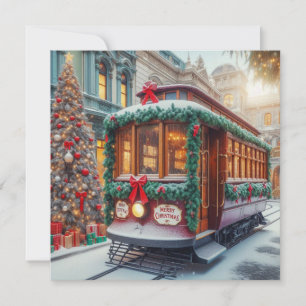 Vintage kersttram in de sneeuw feestdagenkaart