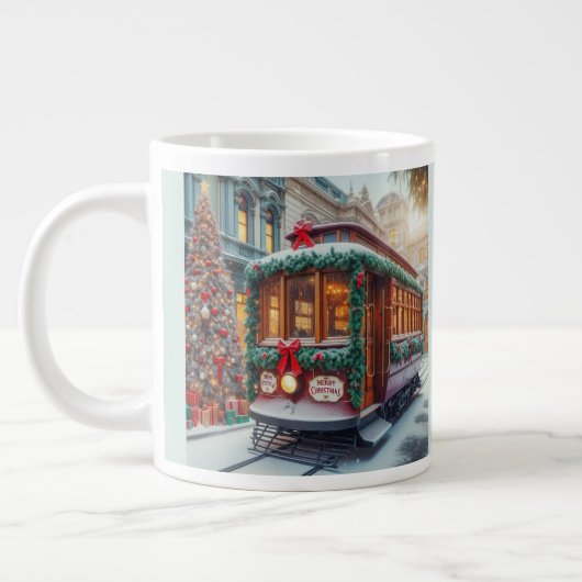 Vintage kersttram in de sneeuw grote koffiekop (Links)