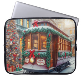 Vintage kersttram in de sneeuw laptop sleeve