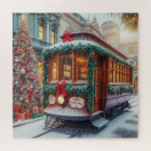 Vintage kersttram in de sneeuw legpuzzel (Horizontaal)
