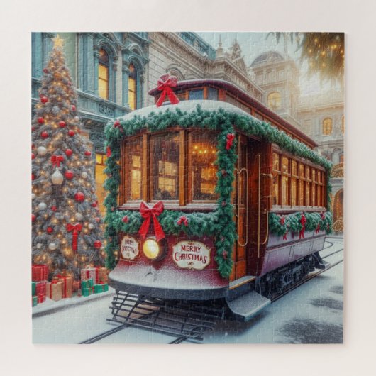 Vintage kersttram in de sneeuw legpuzzel (Horizontaal)
