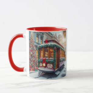 Vintage kersttram in de sneeuw mok