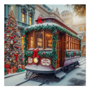 Vintage kersttram in de sneeuw perfect poster