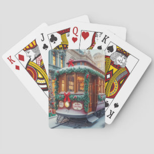 Vintage kersttram in de sneeuw pokerkaarten
