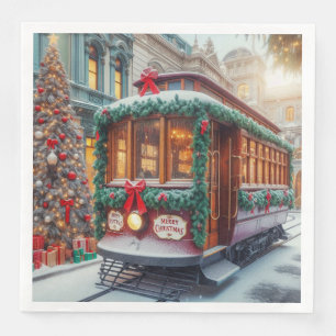Vintage kersttram in de sneeuw servet