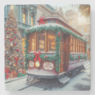 Vintage kersttram in de sneeuw stenen onderzetter