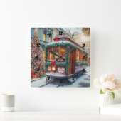 Vintage kersttram in de sneeuw vierkante klok (Huis)