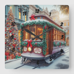 Vintage kersttram in de sneeuw vierkante klok